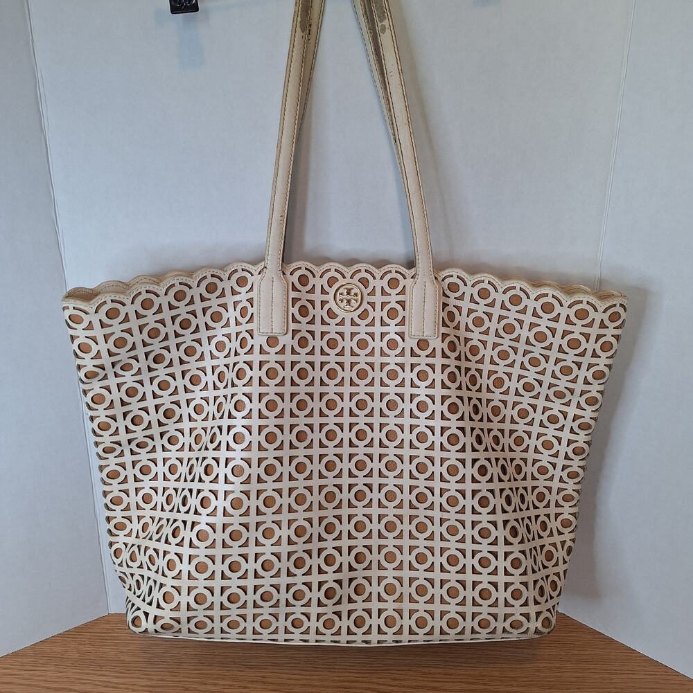 Tory Burch White Leather Laser Cut Out Scalloped Geometric Tote Bag Large Logo